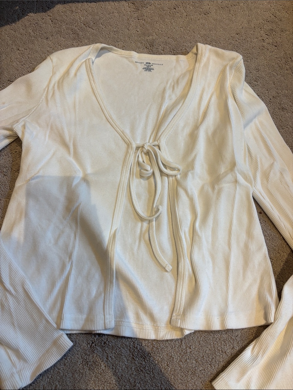 Brandy Melville White Tie-Front Ribbed Long Sleeve Top